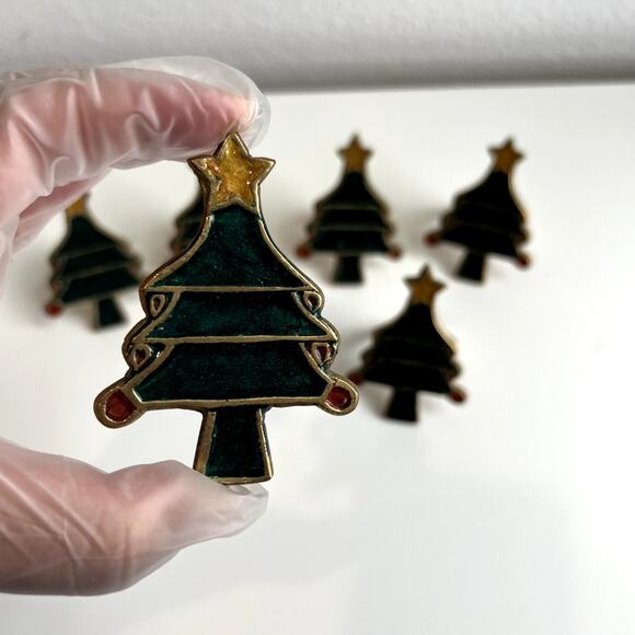 Set of 6 Brass Christmas Tree Napkin Rings Holder Table Decor - Picture 2 of 6